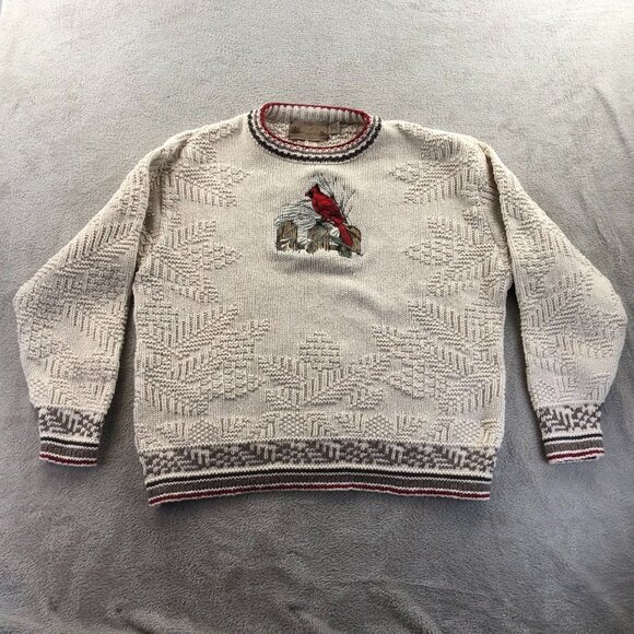 Shenandoah Women's Sweater Medium Embroidered Cardinal Beige Crochet Knit - Picture 11 of 12